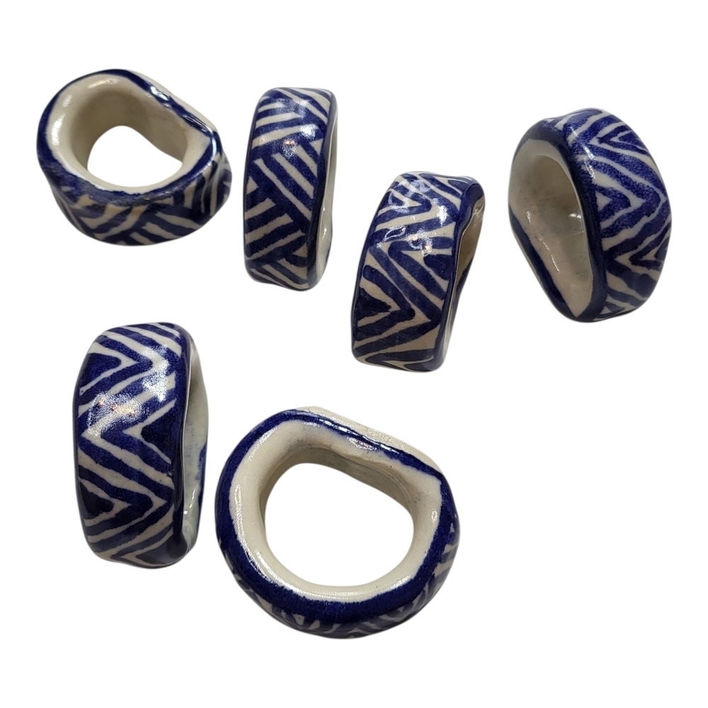 Blue and White Ceramic Napkin Rings Set Of 6 - Picture 1 of 4